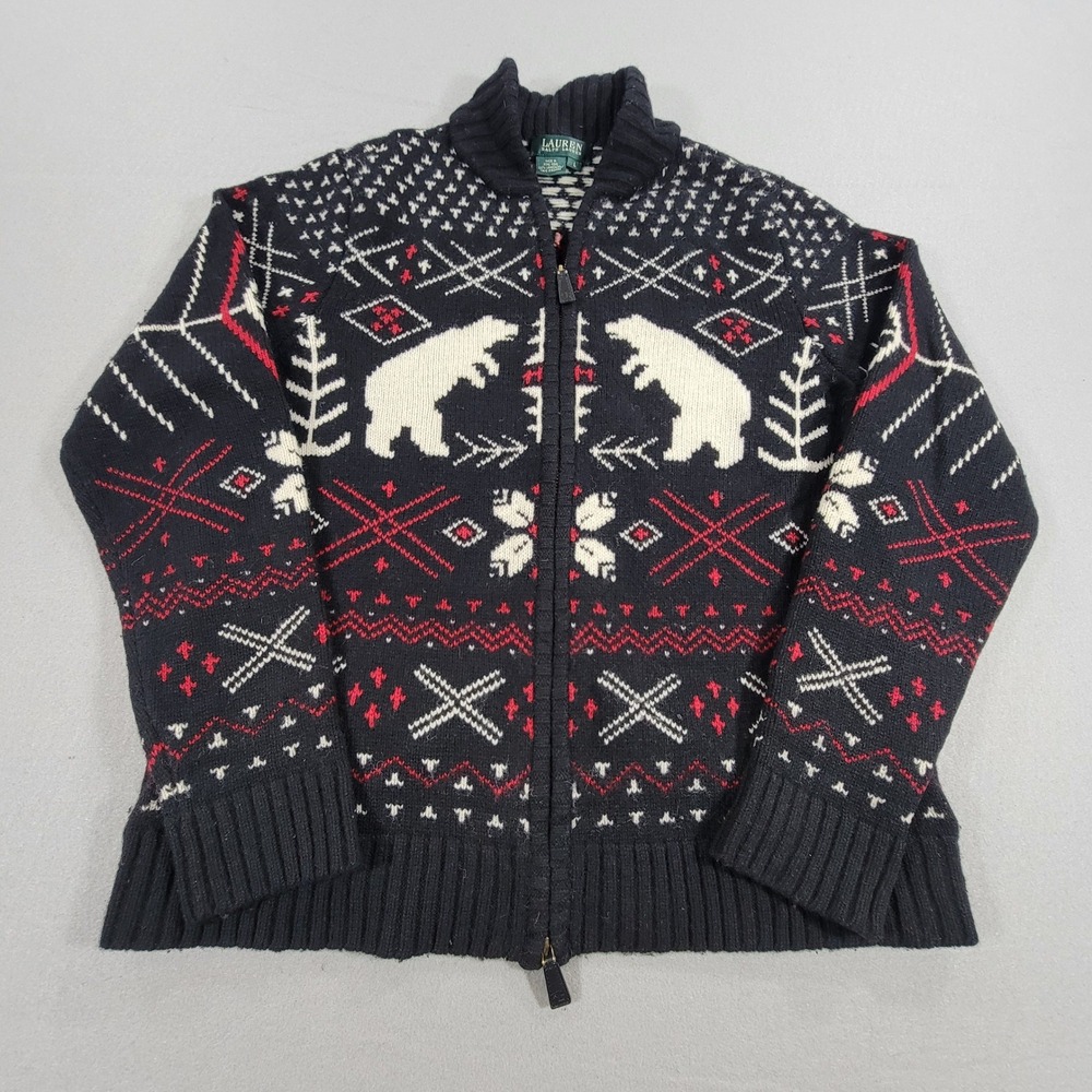 Vintage Lauren Ralph Lauren Cardigan Sweater Fair Isle Lambswool Zip Women's L - Picture 4 of 11